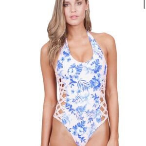 Frankie’s Bikinis- Blue Floral Halter Swimsuit One Piece